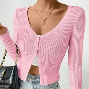 Pink Casual Women's Slim Solid Color Rib Knit Cardigan